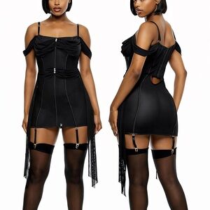 Forplay Women's Princess Treatment Draped Mesh Chemise Lingerie Set-Black- L